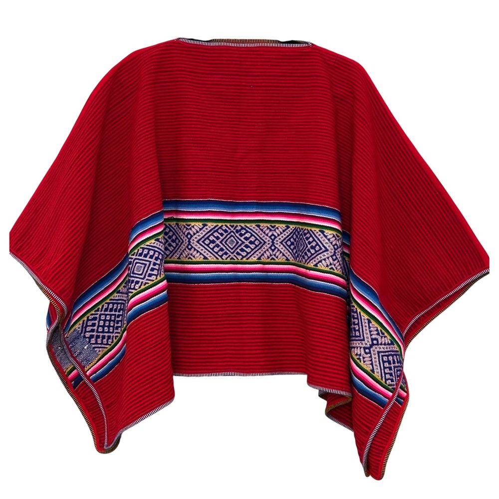 Vintage Andean Woven Poncho Red Geometric Striped Boho South American Cape